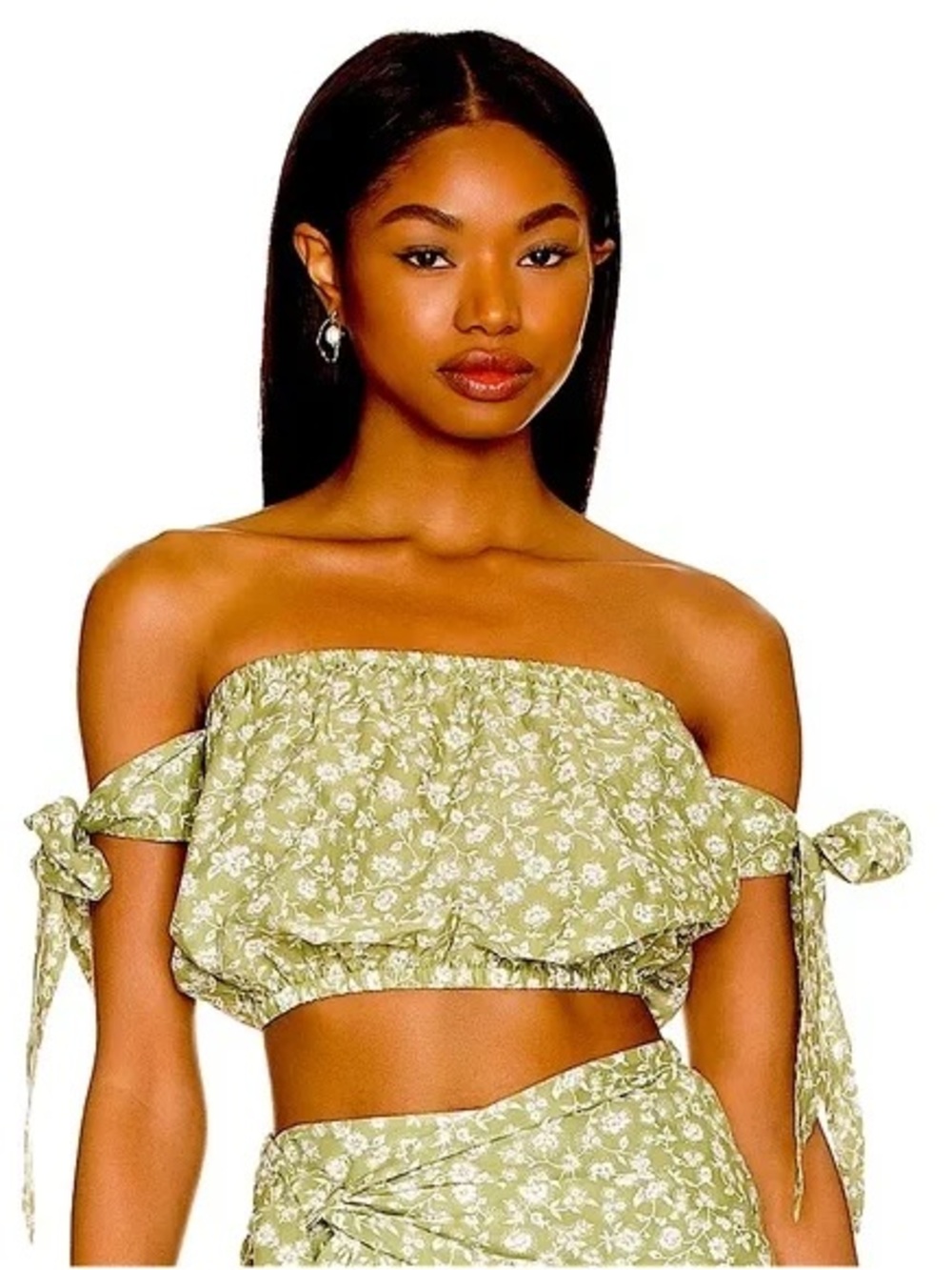 Eberjey Cotton Green Floral Cropped Tie Off Shoulder Top Small